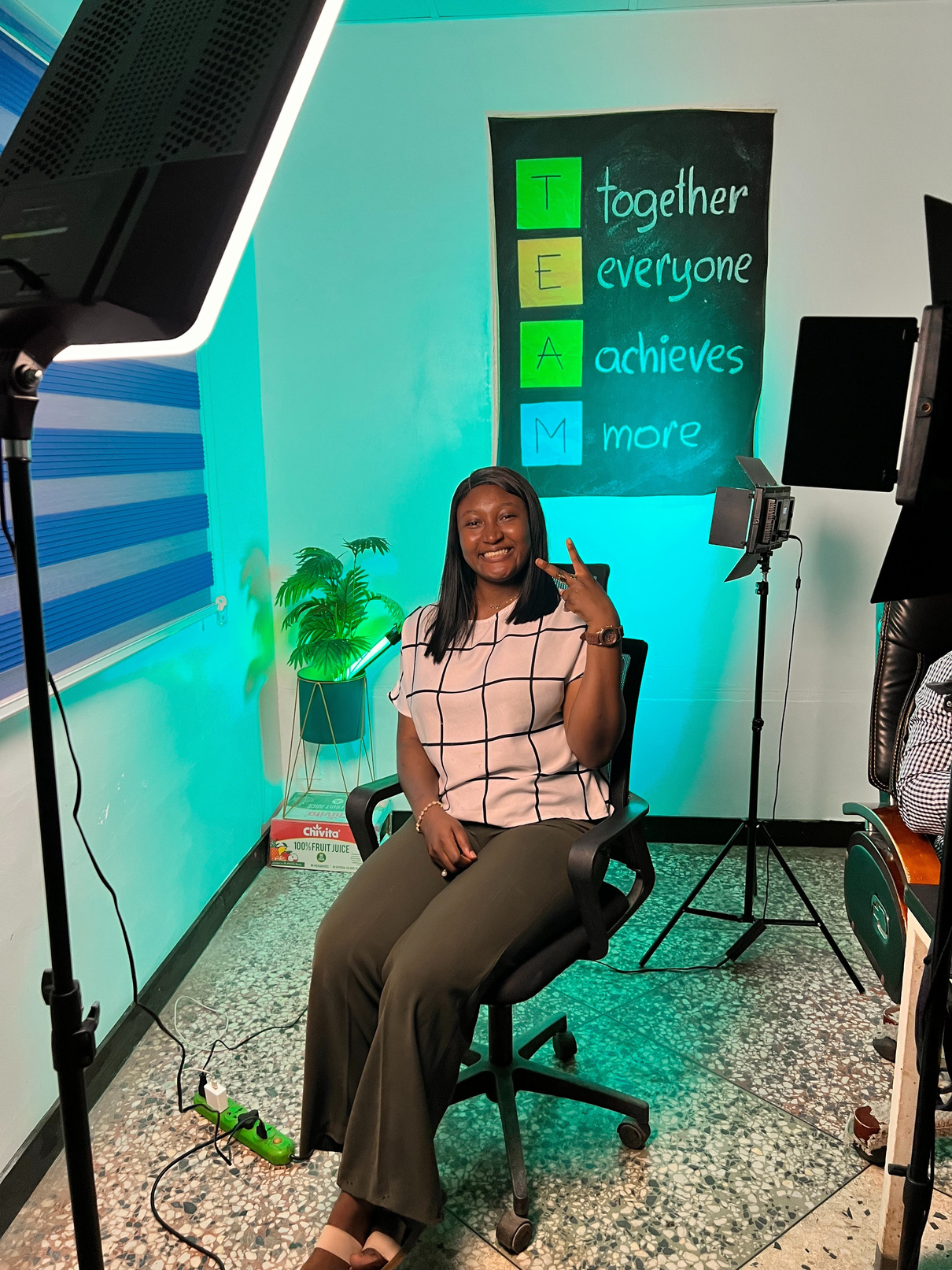 Grace on set during a studio production